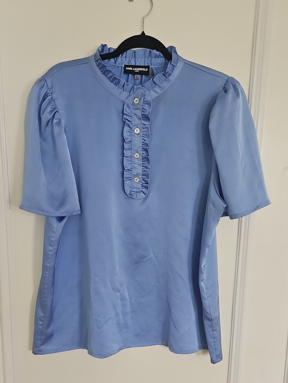 Karl Lagerfeld Sky Blue Ruffle Placket Short Sleeve Blouse